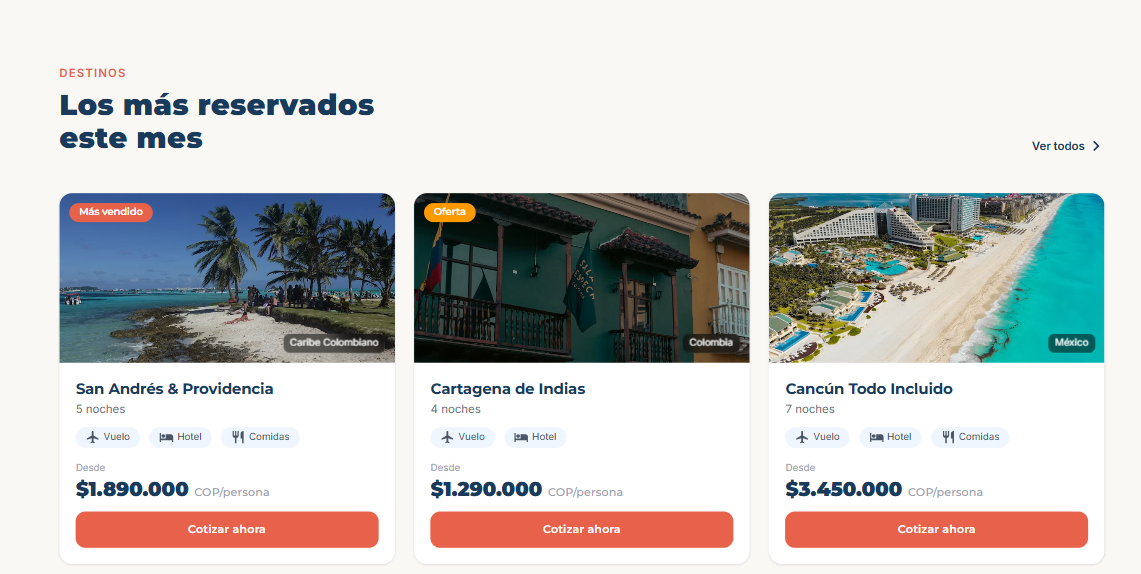 Package section of the Rumbo Viajes concept website showing destination, nights, included services, and price per person