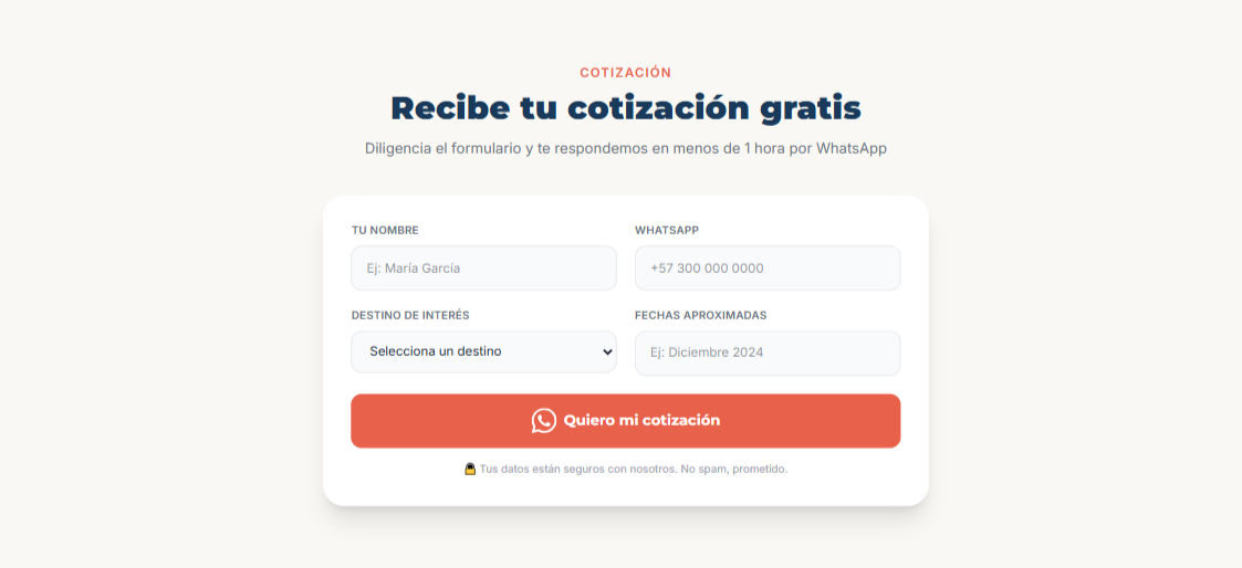 Four-field quote form of the Rumbo Viajes concept website on mobile: name, WhatsApp, destination, and dates