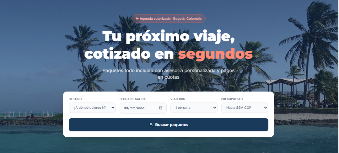 Hero section of the Rumbo Viajes concept website on desktop and mobile, with the package search bar on the first screen