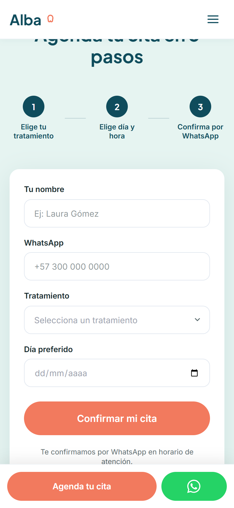 Formulario de agendamiento en 3 pasos de la web conceptual de Alba Clínica Dental en celular, con nombre, WhatsApp, tratamiento y día preferido