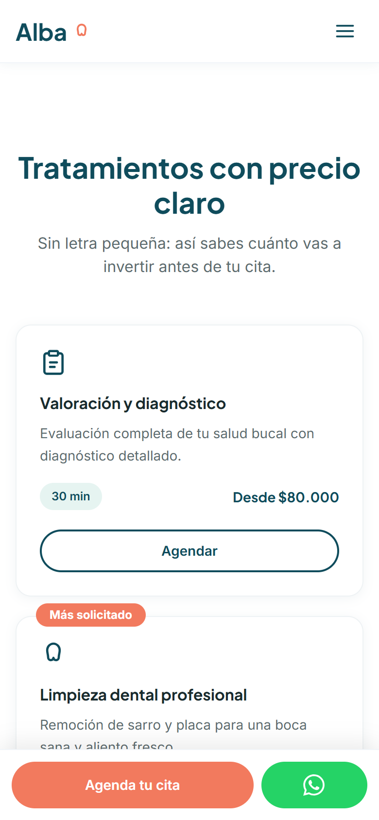 Pantalla de celular de la web conceptual de Alba Clínica Dental con la barra fija inferior de Agenda tu cita y WhatsApp