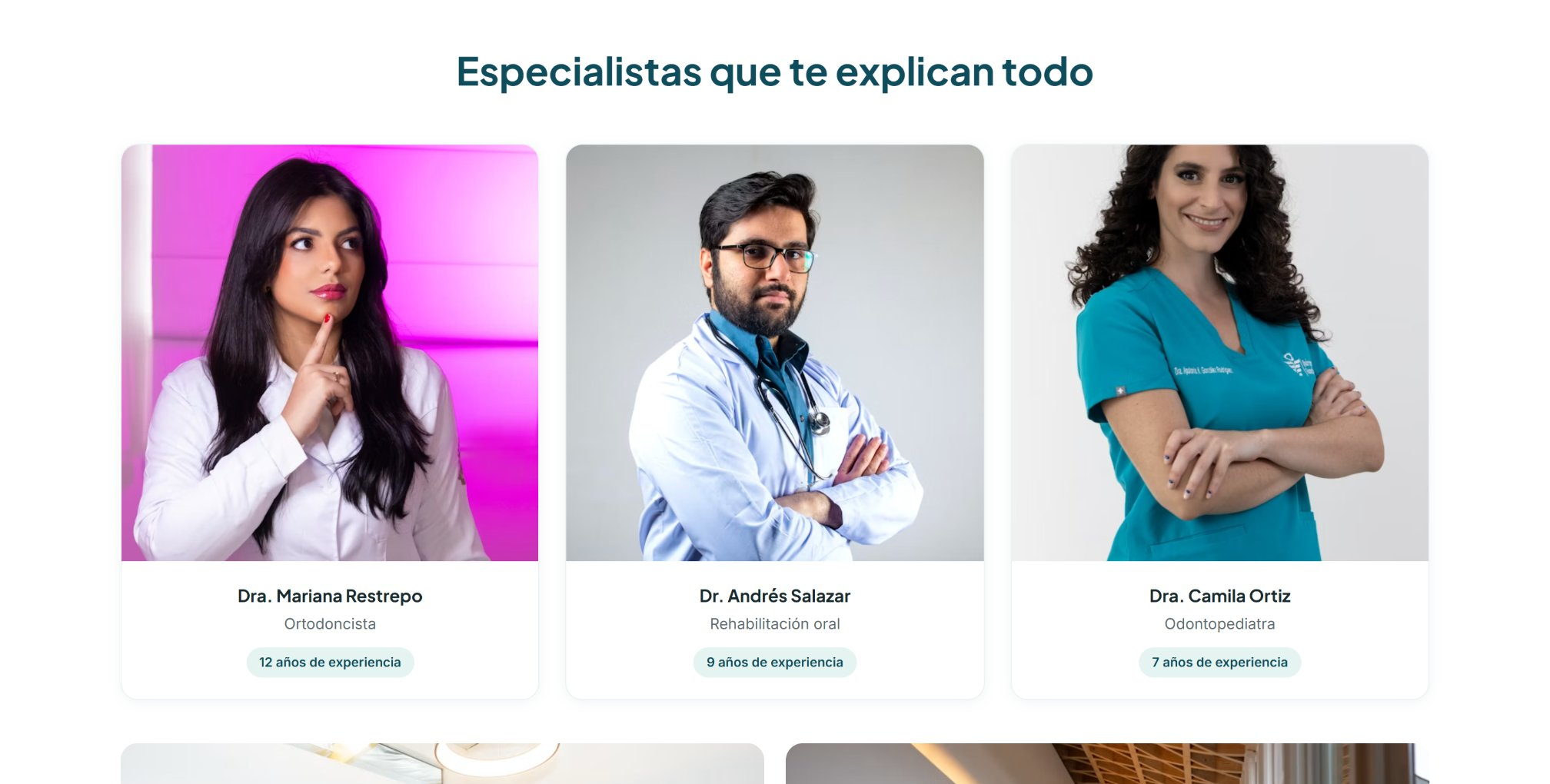 Sección del equipo de la web conceptual de Alba Clínica Dental con nombre, especialidad y años de experiencia de cada odontólogo