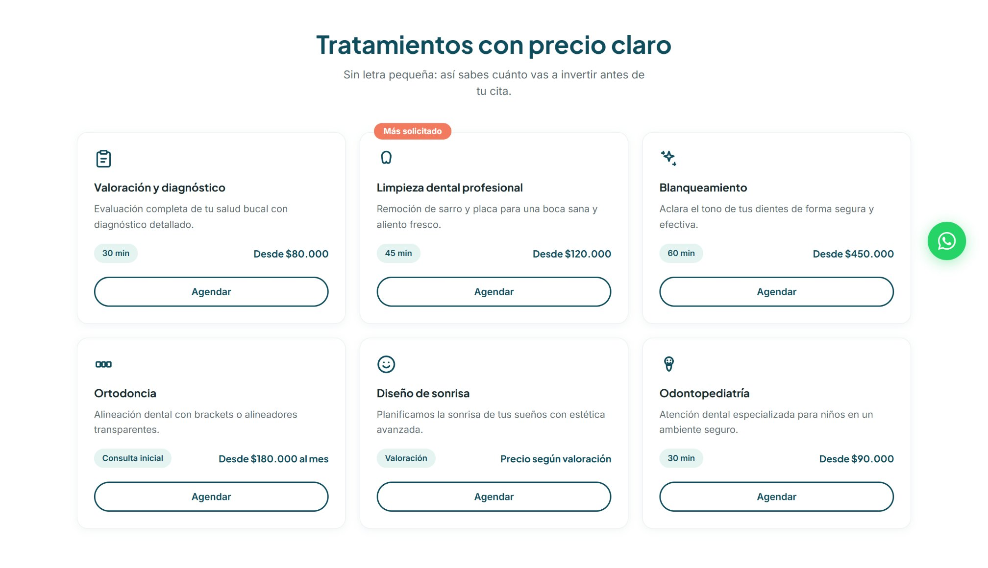 Sección de tratamientos de la web conceptual de Alba Clínica Dental con duración y precio desde de cada uno